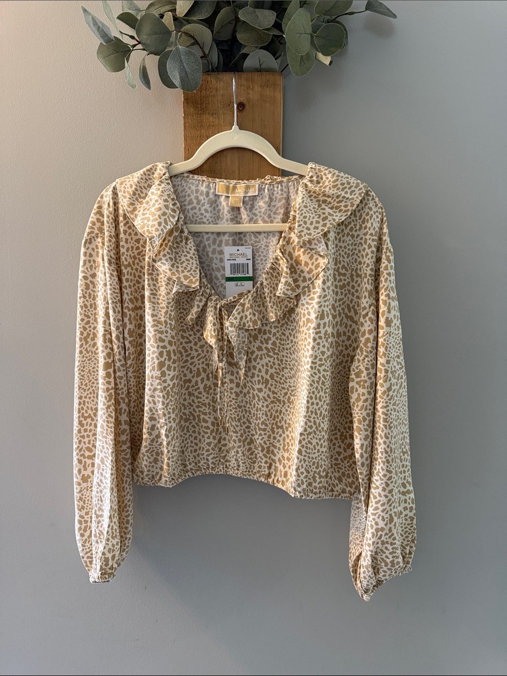 Michael Kors Beige Leopard Ruffled-tie Blouse, L